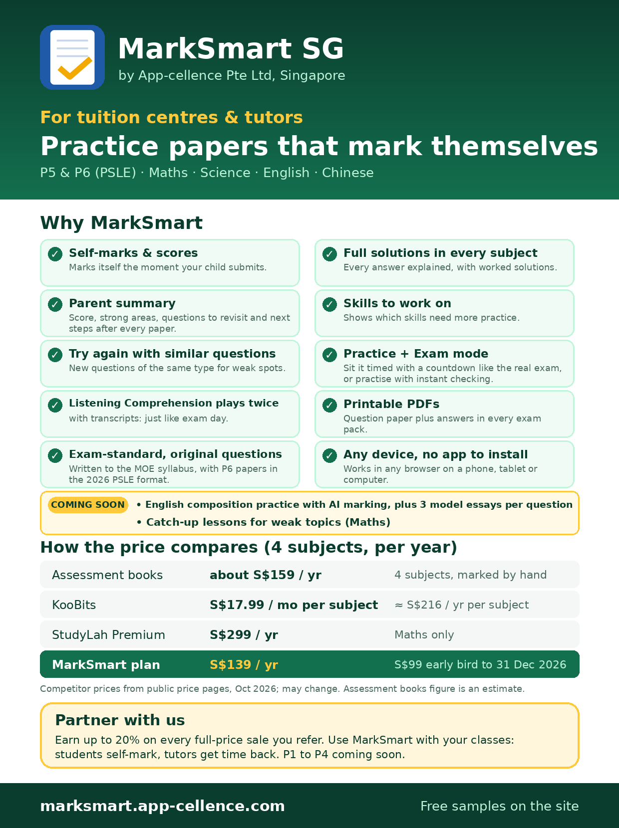 MarkSmart tutor sheet: features, subjects and prices