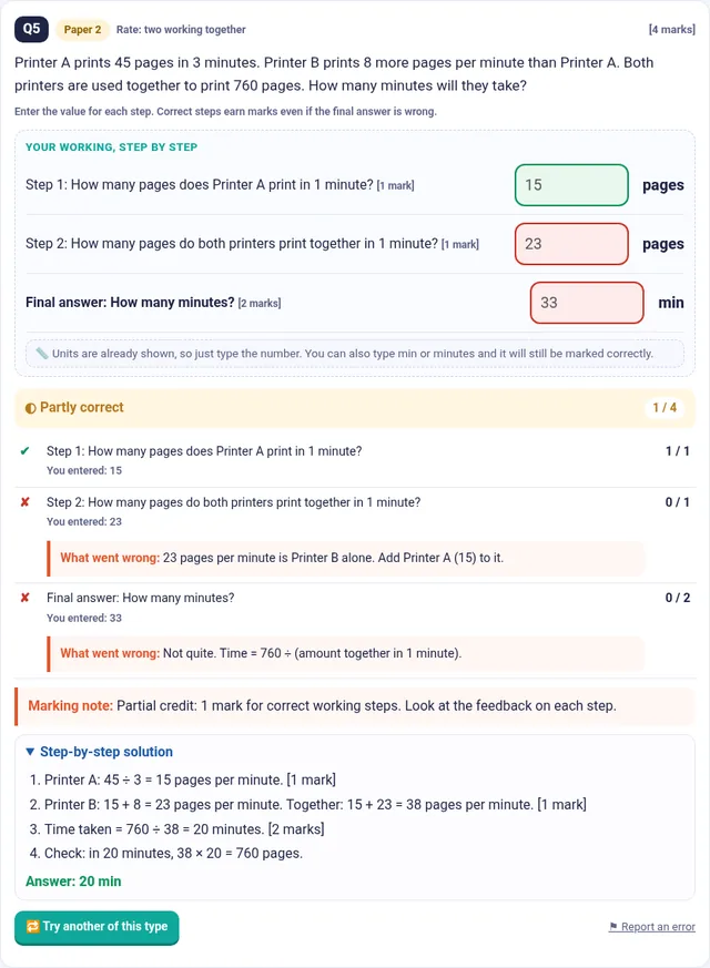 A marked MarkSmart Maths question followed by the full worked solution.